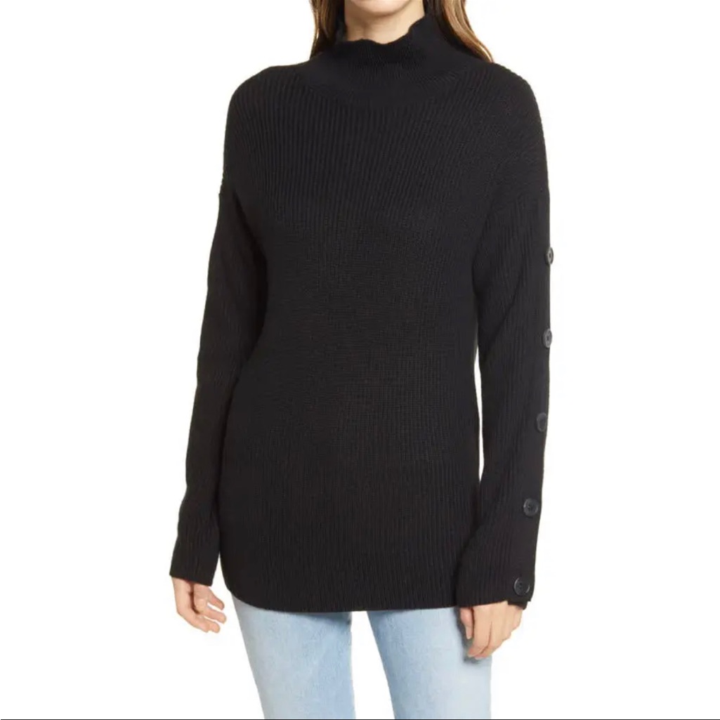 Caslon Black Button Detail Long-Sleeve Mock Neck Sweater Xs New